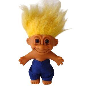 Vintage Russ Berrie Lucky Troll 5'' Tall Yellow Hair Blue Shorts no Shirt